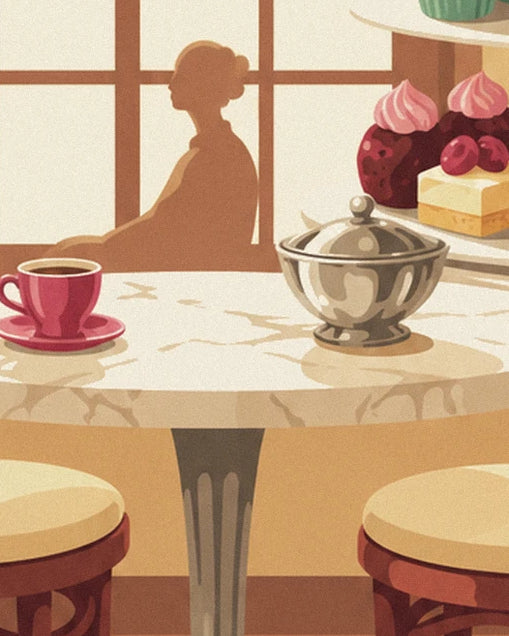 Une tasse rose et un sucrier argenté sur la table, devant une silhouette assise
