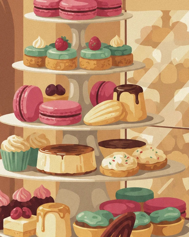 Le présentoir à étages garni de macarons roses, de gâteaux et de mignardises