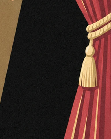 The red stage curtain held back by its gold tassel and twisted cord