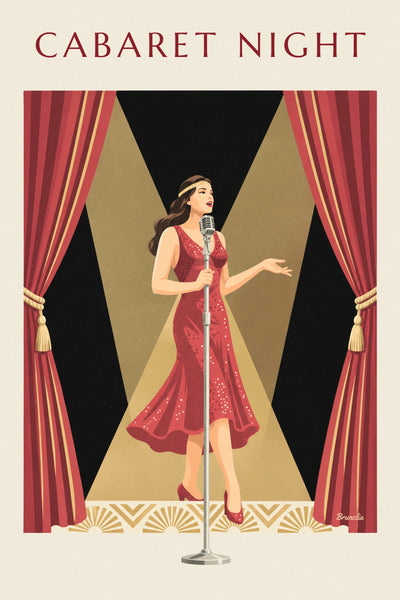 Affiche chanteuse en robe rouge pailletée sur la scène d'un cabaret : l'affiche entière