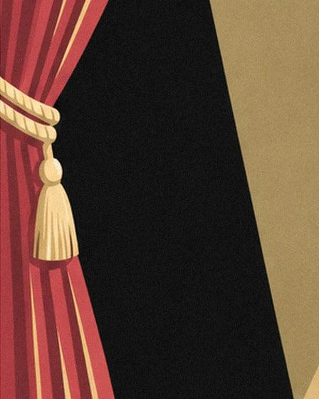 The red velvet curtain held back by a large gold tassel tieback against the black backdrop