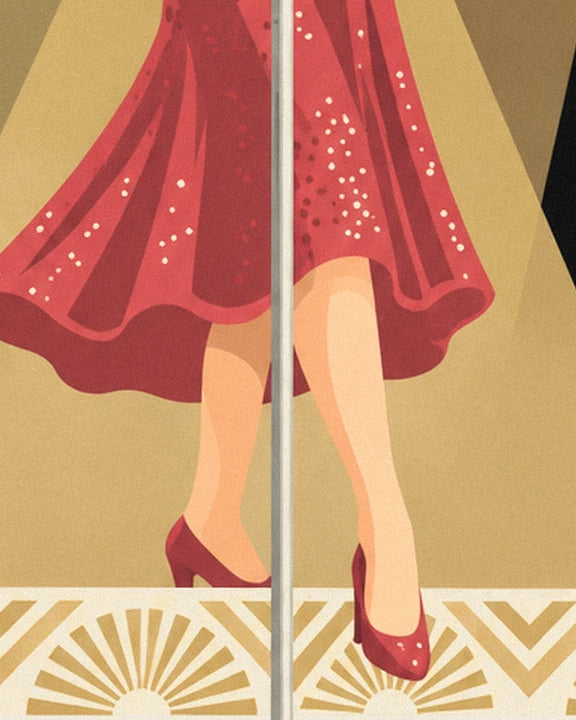 A swirling red sequinned dress, red heels and a gold fan-shaped border along the edge of the stage