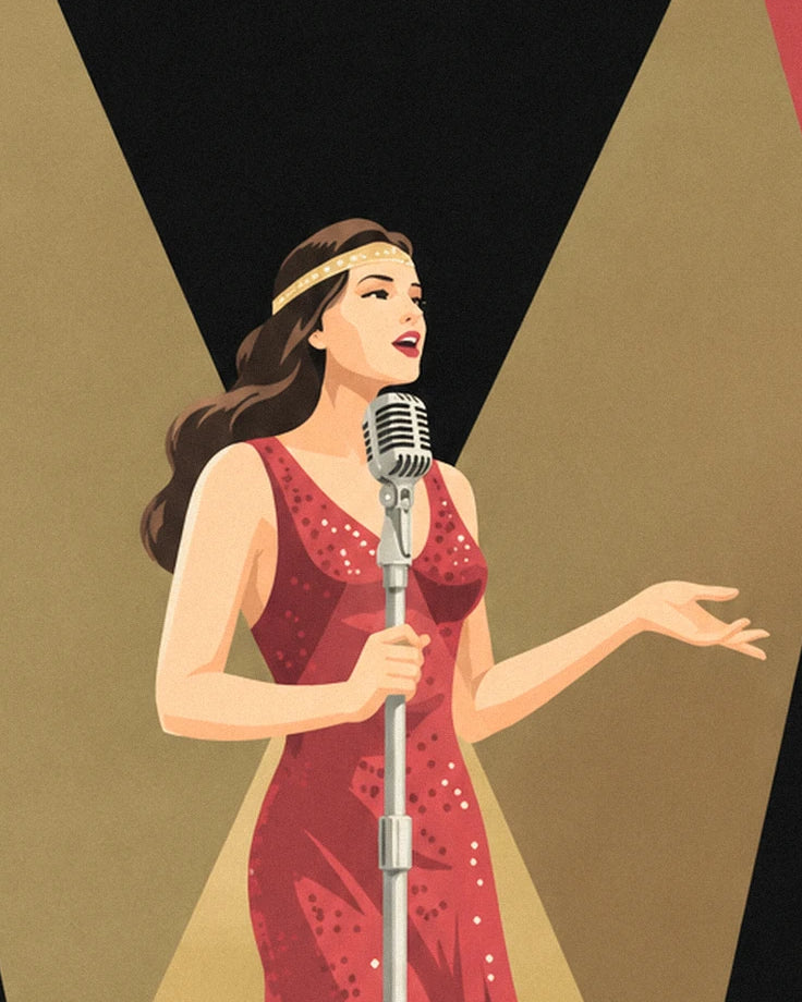 The singer with the gold headband sings beside her vintage microphone under the spotlights