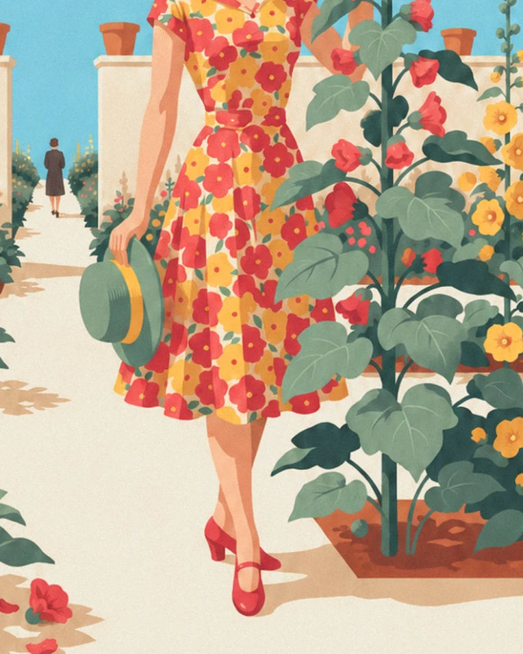 Affiche femme en robe à fleurs dans un jardin ensoleillé : détail en gros plan