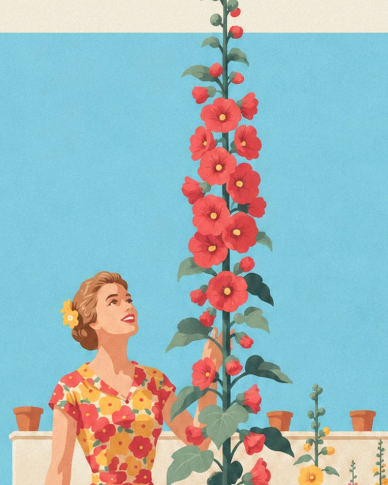 Affiche femme en robe à fleurs dans un jardin ensoleillé : détail en gros plan
