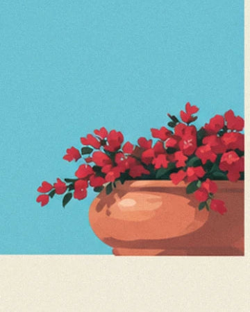Le grand pot en terre cuite débordant de fleurs rouges, sur le muret crème