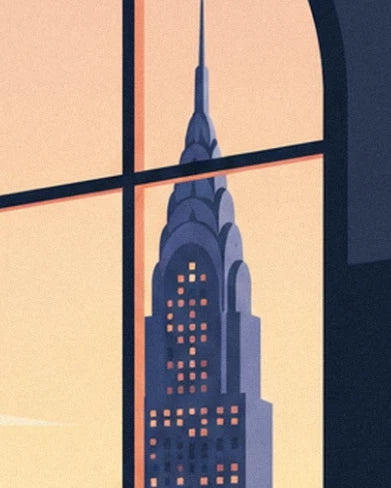 A blue skyscraper with a slender spire behind the black glazing bars of the window