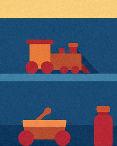 An orange and red locomotive on a shelf, above a wheeled cart
