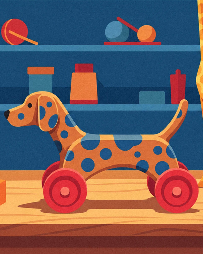 The orange dog with blue spots and red wheels, in front of the toy shelves