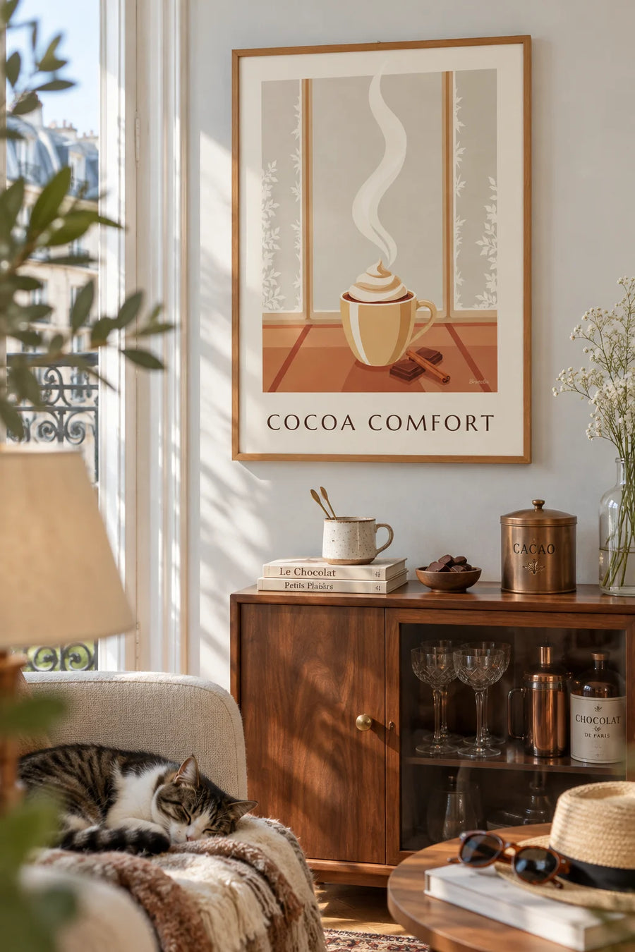 Affiche tasse de chocolat chaud fumante près d'une fenêtre givrée : encadrée au mur