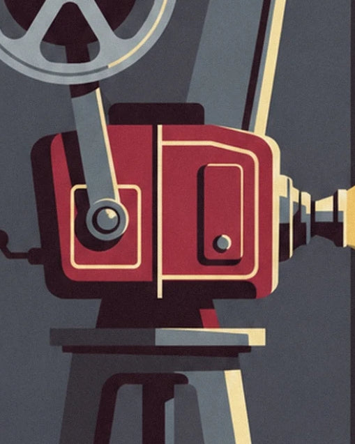 Le projecteur rouge à liserés crème, avec sa bobine et son pied gris