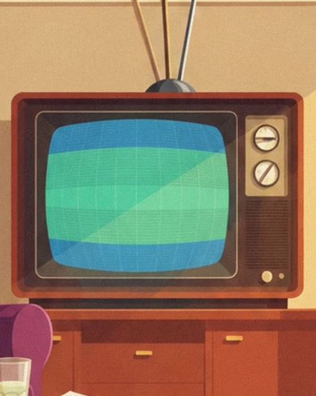 The CRT television with aerials and a blue and green grid on its screen
