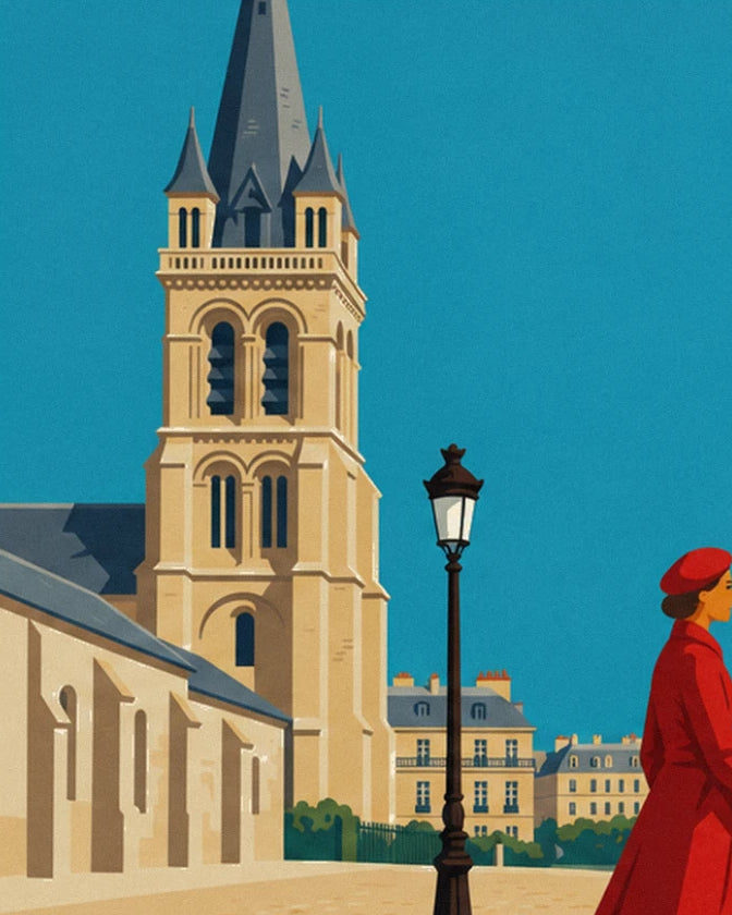 The church's pale stone bell tower, its black street lamp and a passer-by in a red coat