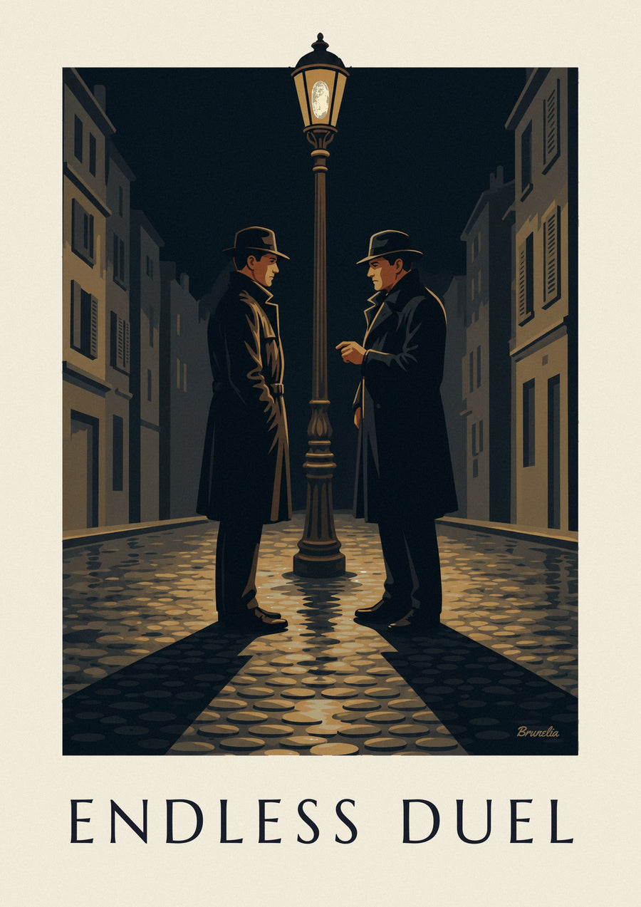 Poster Film-noir-Duell unter einer Straßenlaterne, Regennacht