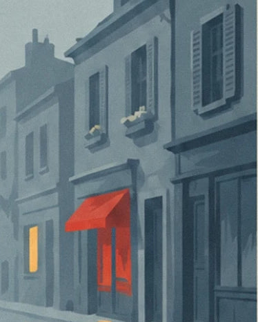 Grey street façades in the rain, with a bright red awning and a yellow-lit window