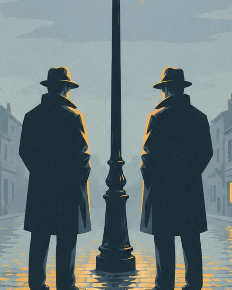 The 2 men in hats and long coats seen from behind on either side of the street lamp on the wet cobbles