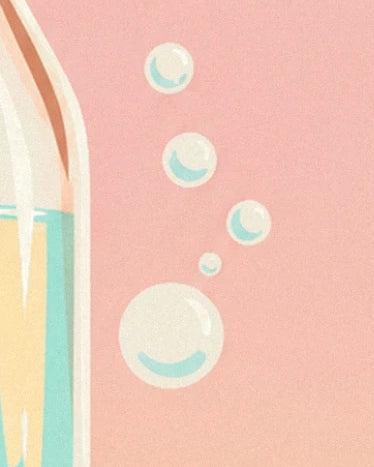 A swirl of cream and turquoise bubbles beside the bottle against a pink background