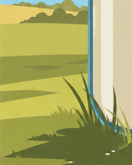 A tuft of grass at the foot of the bottle in front of green fields and hedges