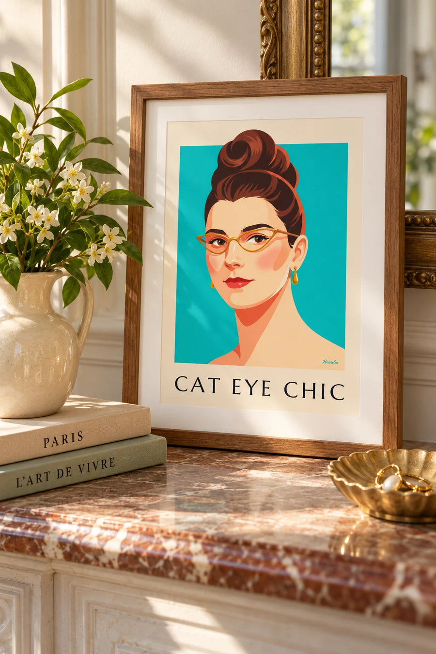 Poster portrait of a woman with cat-eye glasses and red lips: small A4 framed size