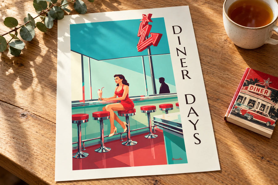Affiche pin-up au comptoir d'un diner américain : posée sur une table