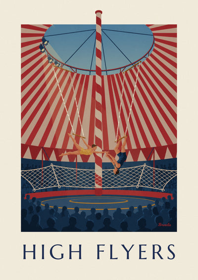 Affiche trapézistes sous un chapiteau de cirque rayé : l'affiche entière