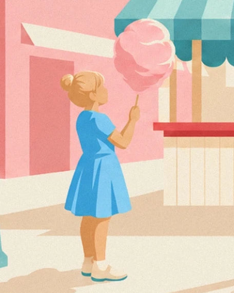 A young woman in a blue dress holding pink candyfloss near the stall