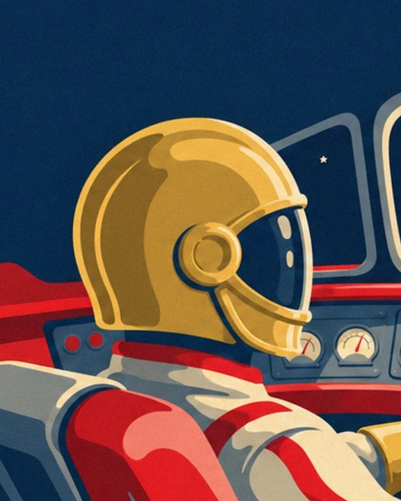 Der Pilot im Profil mit goldenem Helm und Visier im Cockpit