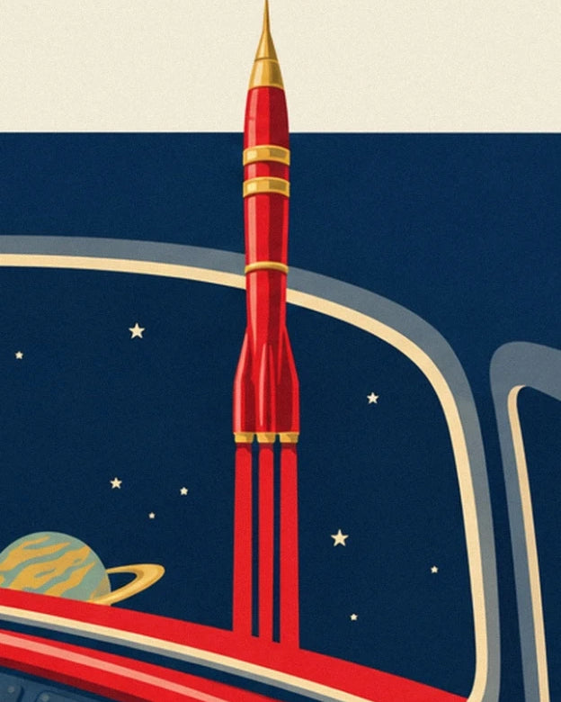 Eine rote Rakete mit goldener Spitze vor einem Sternenhimmel und einem Planeten mit Ringen