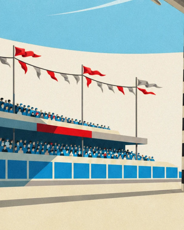 The packed grandstand decorated with strings of red and grey bunting on its poles