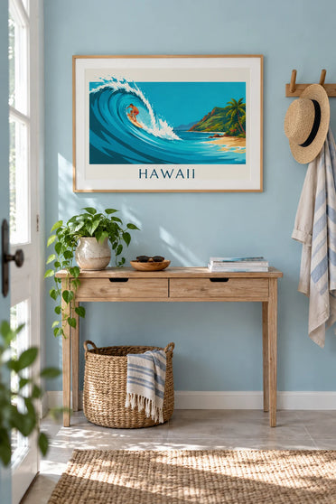 Poster mit Hawaii, Surfer und türkisfarbener tropischer Welle: gerahmt an der Wand