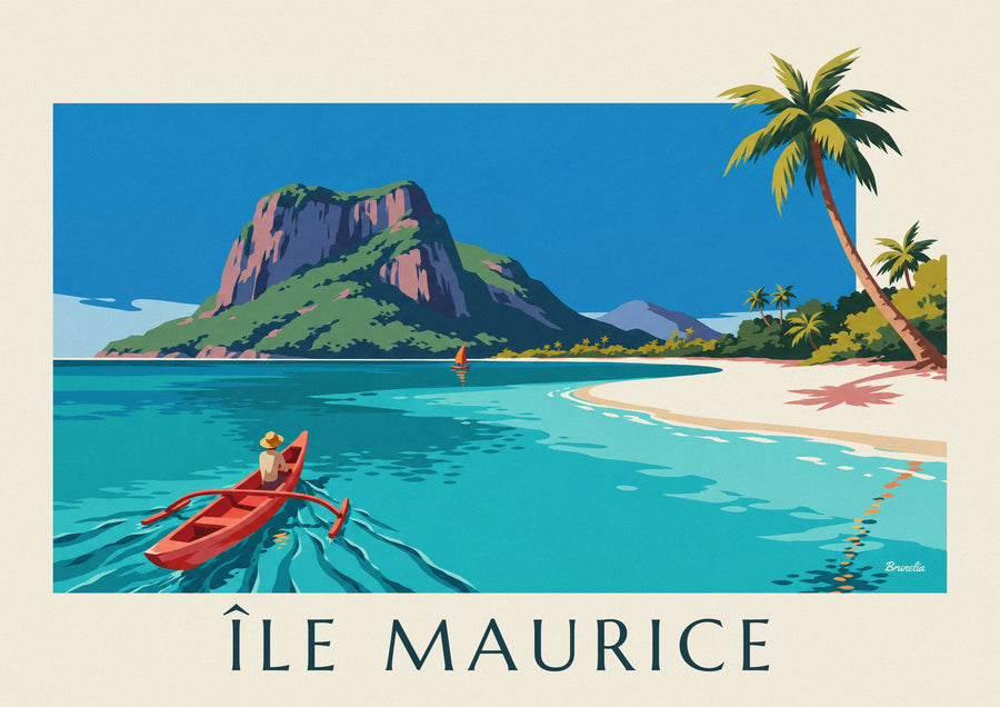 Poster Lagune, Kokospalmen und Le Morne Brabant auf Mauritius
