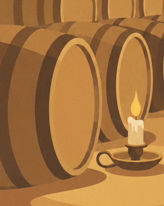 Rows of large oak barrels and a lit candle in its holder in the cellar