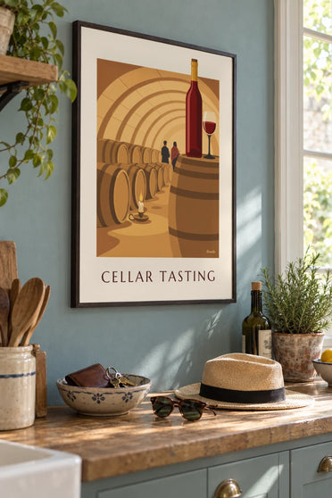 Red wine tasting in a vaulted cellar poster: framed on the wall