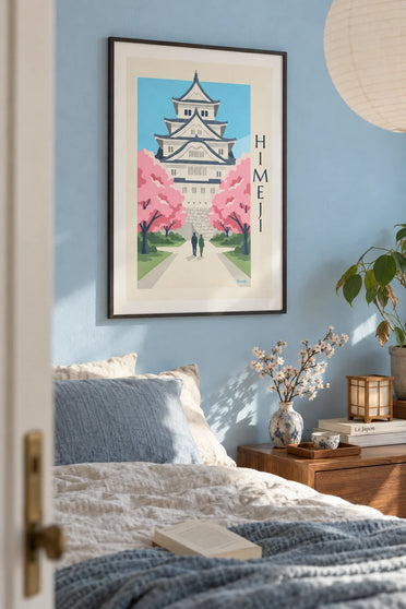 Poster Burg Himeji unter blühenden Kirschbäumen: gerahmt an der Wand