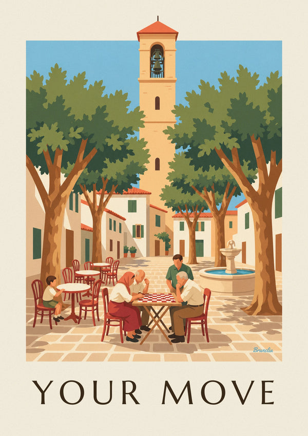 Village square checkers game under plane trees poster