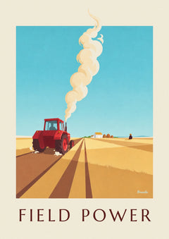Red farm tractor plowing a golden field poster