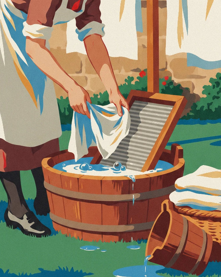 Poster Frau mit Waschbrett in einem sonnigen Hof: Detail in Nahaufnahme