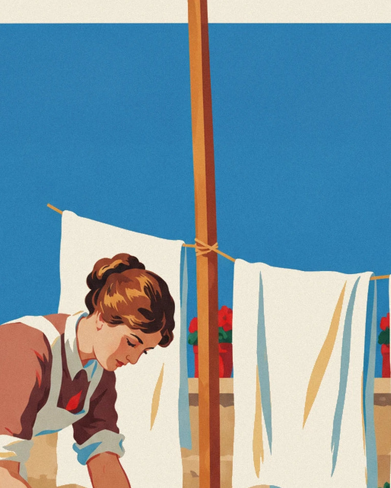 Poster Frau mit Waschbrett in einem sonnigen Hof: Detail in Nahaufnahme