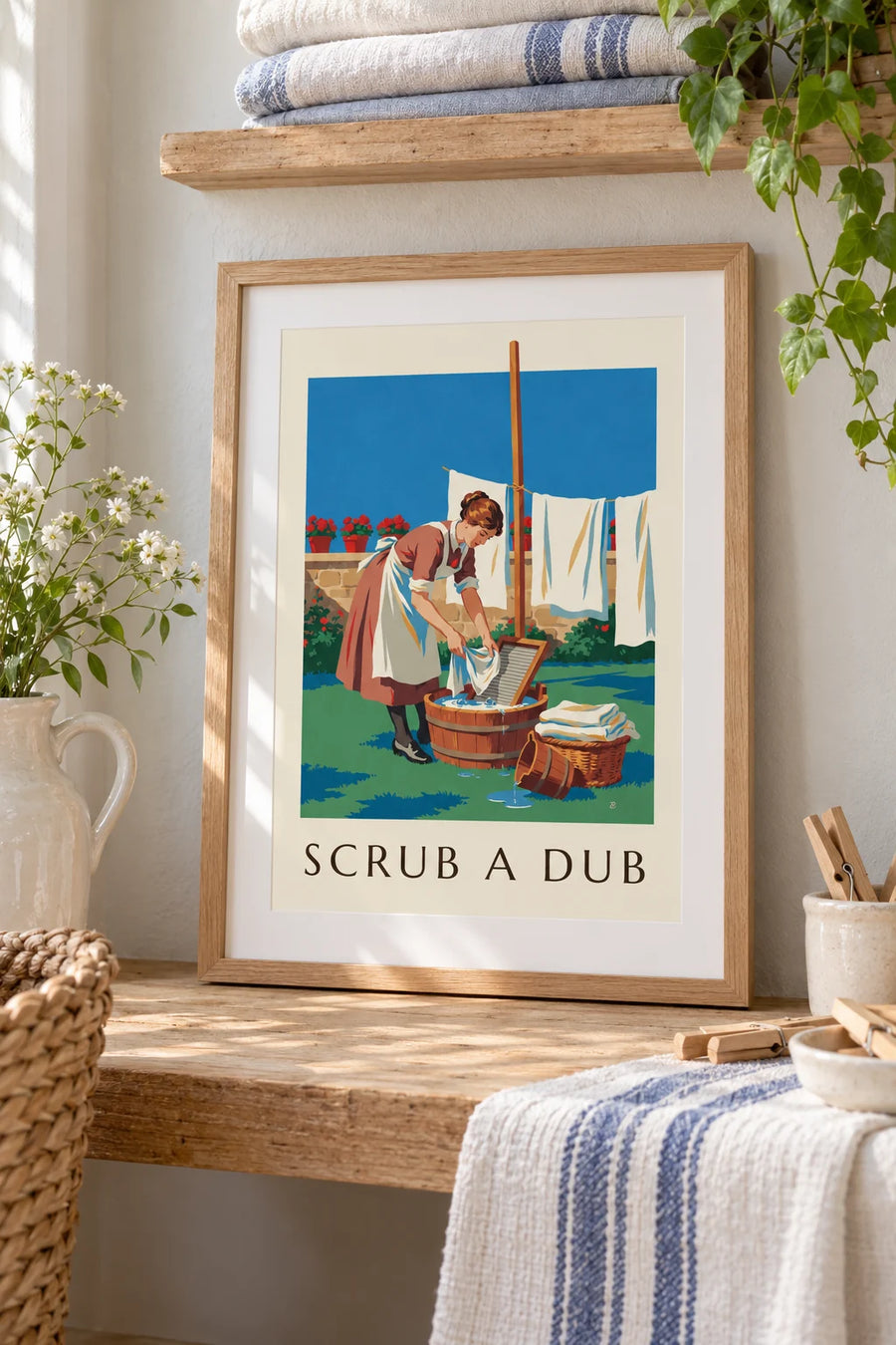 Affiche femme et planche à laver dans une cour ensoleillée : petit format A4 encadré