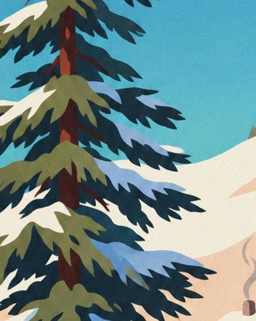 A tall fir tree with snow-laden branches in front of the slope and turquoise sky