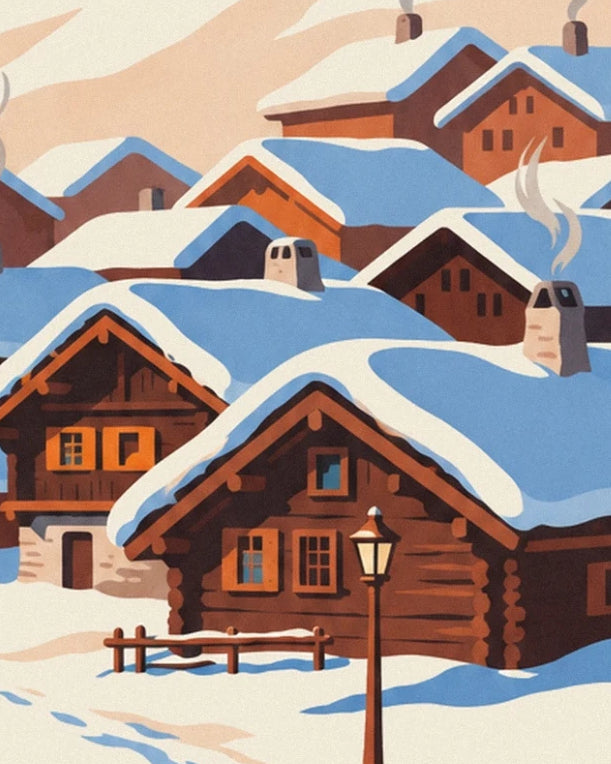 Log chalets with orange shutters, snow-laden roofs, a street lamp and a wooden fence