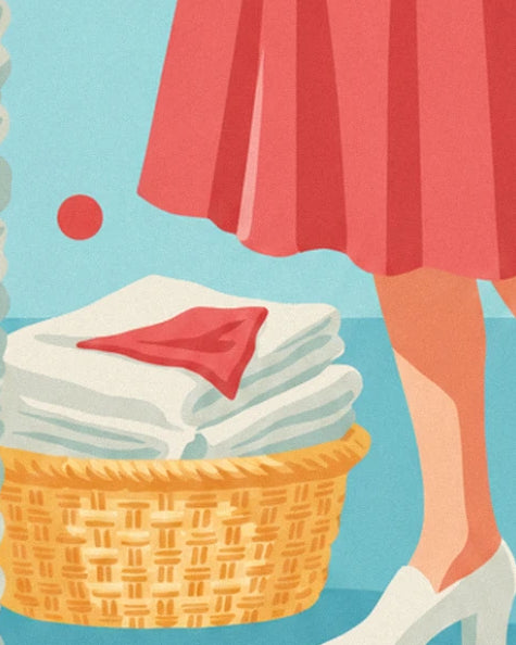 The golden wicker basket filled with folded white linen, with a red tea towel and a pleated skirt beside it