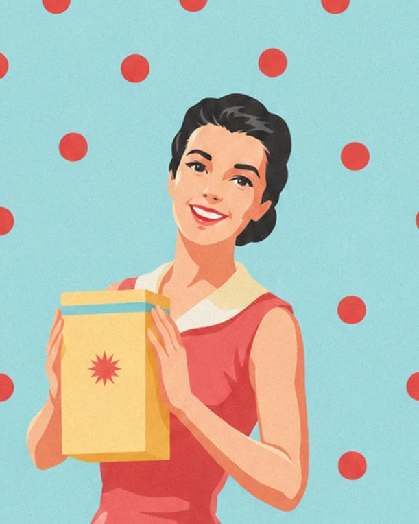The smiling woman in a red dress clutching a yellow box of washing powder against a blue polka dot background