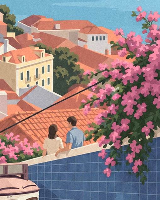 The couple leaning on the azulejo wall, facing orange tiled roofs and pink flowers