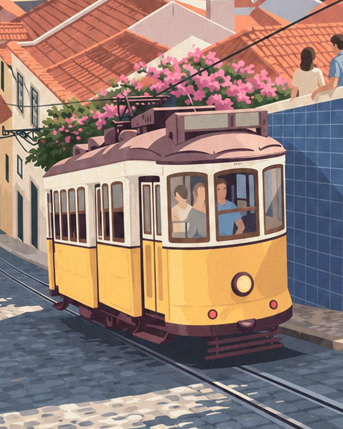 The yellow tram climbing the cobbled street, beneath pink bougainvillea and the blue azulejo wall