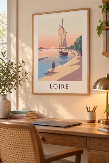 Poster Gabare mit Rahsegel auf der Loire bei Sonnenuntergang: gerahmt an der Wand