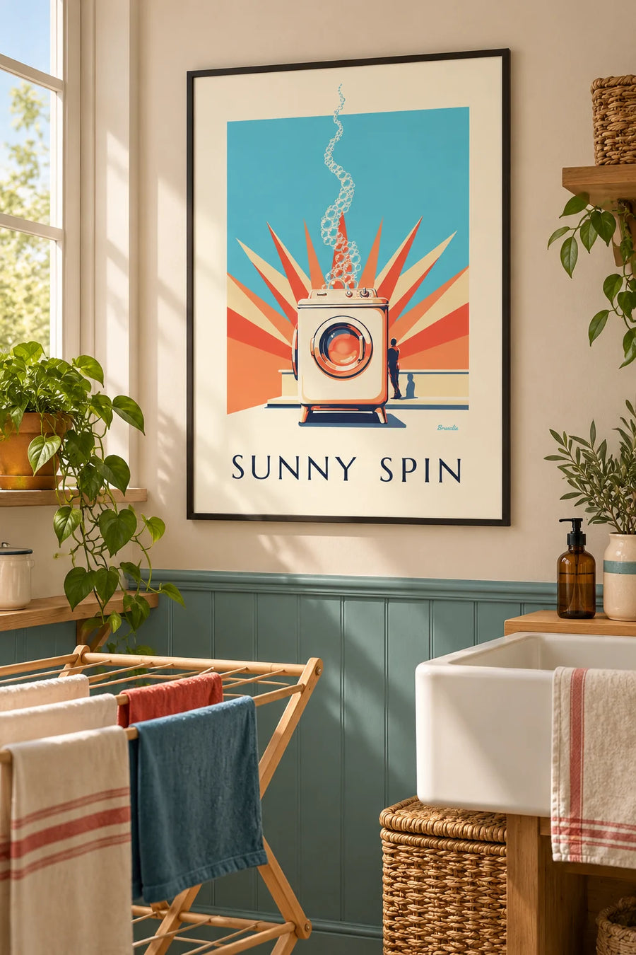 Poster Bullaugen-Waschmaschine und pastellfarbene Sonnenstrahlen: gerahmt an der Wand