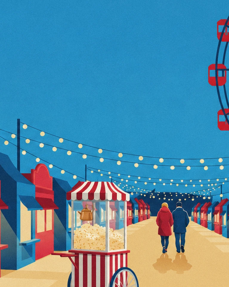 Red and white striped popcorn machine at the fairground poster: close-up detail