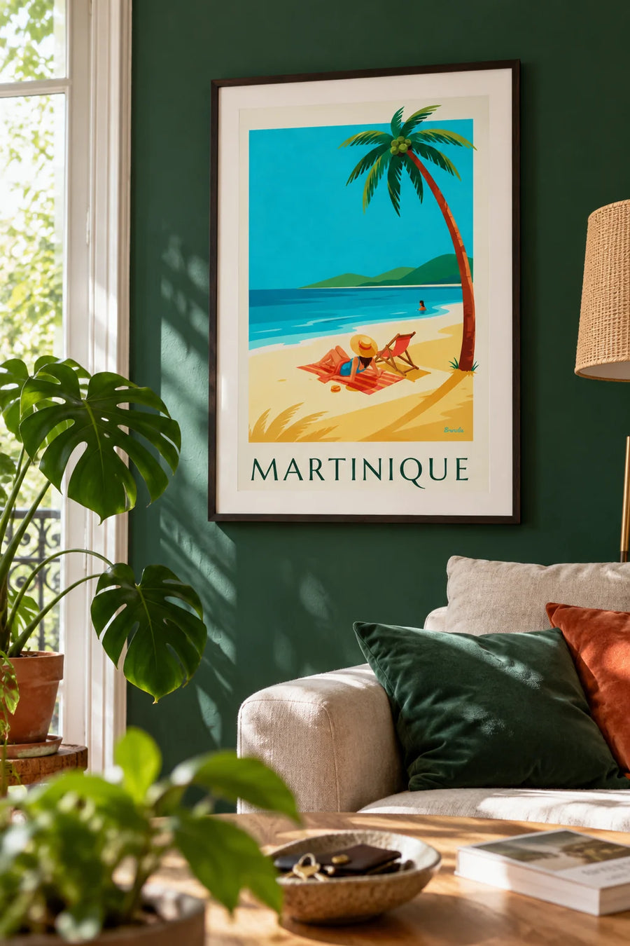 Poster of a woman on a white sand beach in Martinique: framed on the wall