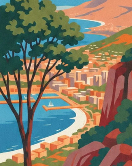 The blue bay and buildings of Le Cap below, beyond the trees on the slope